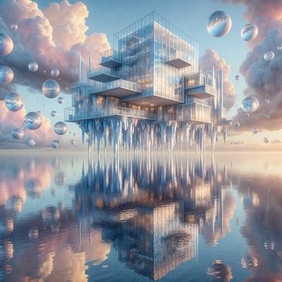 The primary subject of the image is a large, modern building with a glass exterior. The building is situated on a body of water, which adds to the overall visual appeal of the scene. The setting appears to be a futuristic cityscape, with the building's unique design and the water's reflective surface creating a captivating atmosphere. The visual style of the image is a combination of photo and digital art, resulting in a stunning and intricate representation of the building and its surroundings. The colors and m